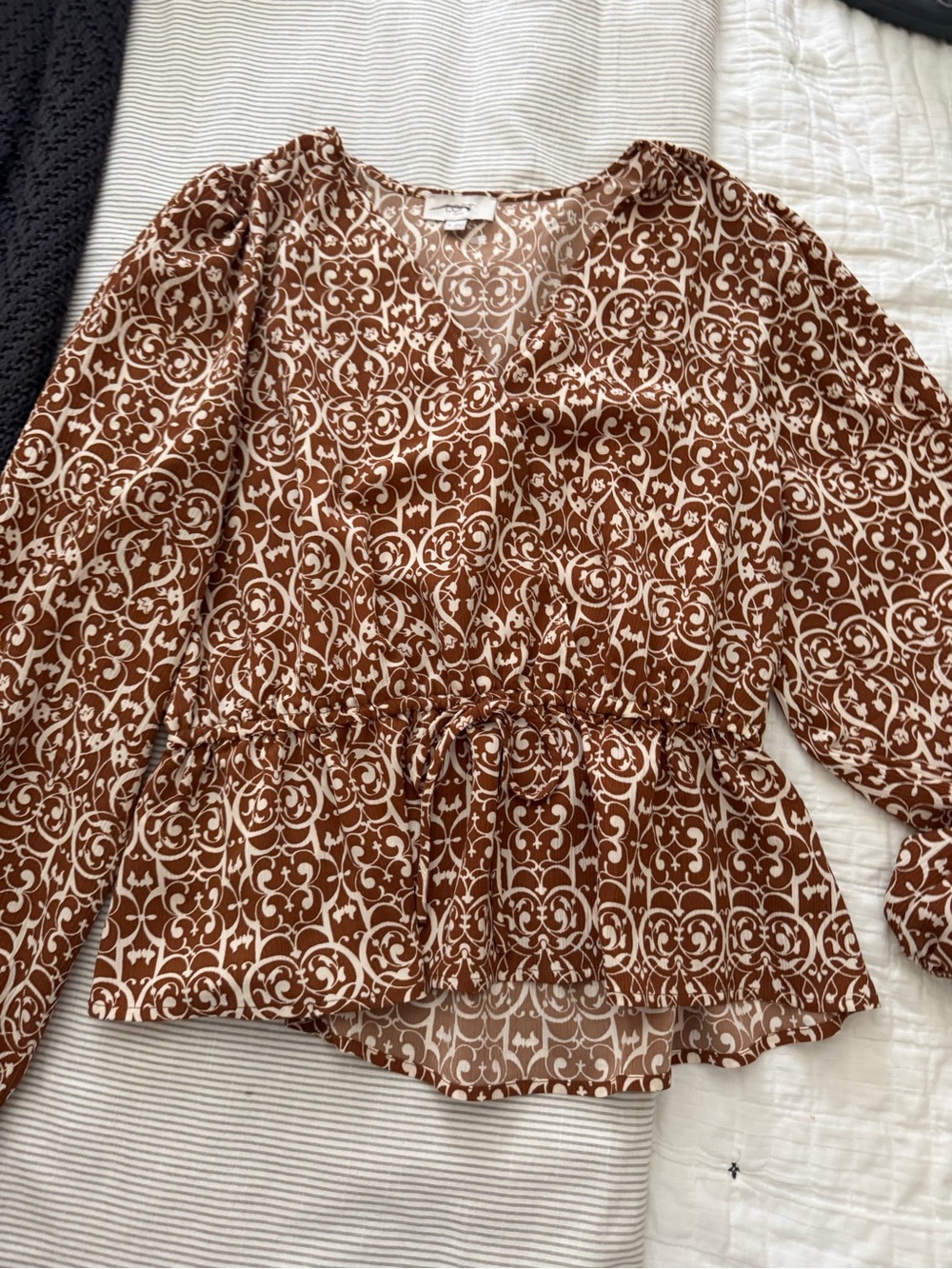 Loft outlet Brown Patterned Peplum V-Neck Blouse -